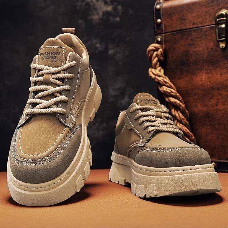 潮牌男鞋2026春季新款防水防滑休闲皮鞋厚底内增高工装低帮马丁靴
