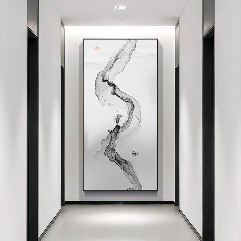 新中式玄关走廊过道挂画黑白线条极简风装饰画简约抽象山水画竖版