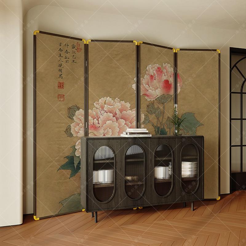 新中式复古牡丹玄关茶室屏风隔断客厅卧室家用沙发办公室大厅背景