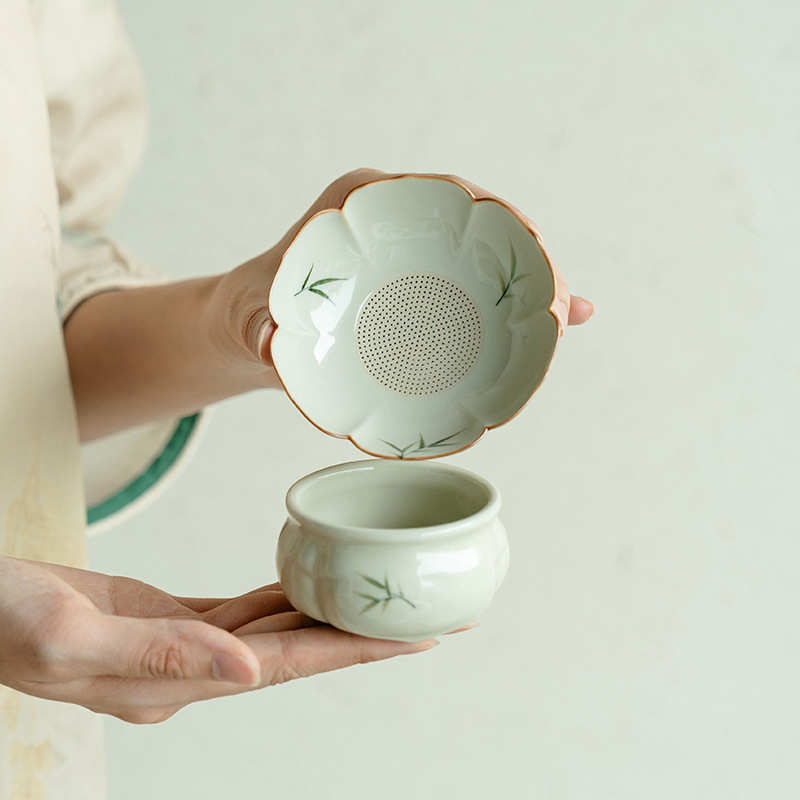 纯手绘筱竹花型茶滤组陶瓷一体式茶漏带过滤网滤茶器茶道配件