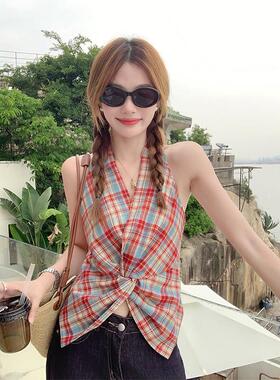 曾小咸 红色格子挂脖吊带背心女夏季夏外穿收腰辣妹扭结无袖上衣