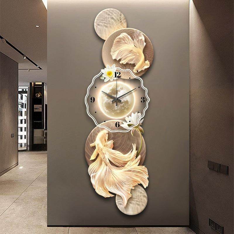 现代简约带钟表挂墙入户玄关装饰画锦鲤创意时钟挂钟走廊过道挂画