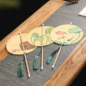 手工竹编腰扇中国风汉服古典团扇舞蹈扇圆形竹扇子长柄折叠印花扇