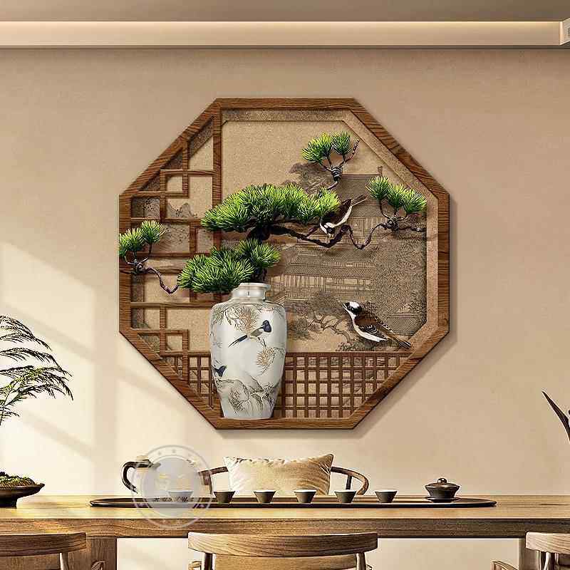 宋代美学迎客松茶室装饰画新中式花鸟玄关壁画灯八边形假窗户挂画,家居饰品,现代装饰画,淘宝优惠券,粉丝福利购,淘宝优惠卷