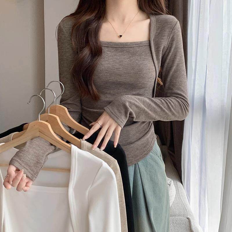 设计感方领褶皱长袖假两件修身T恤女早秋锁骨性感小个子打底上衣
