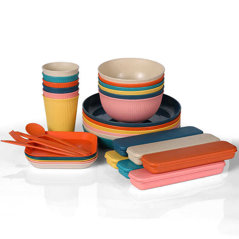 小麦秸秆碗碟盘杯子刀叉勺筷学生户外便携餐具礼品套装,餐饮具,盘,淘宝优惠券,粉丝福利购,淘宝优惠卷