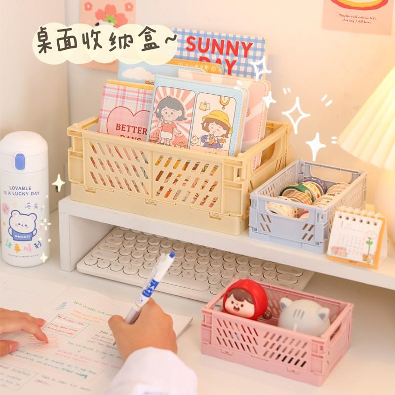 桌面塑料化妆品整理收纳盒学生文具可折叠小篮子杂物储物篮收纳筐