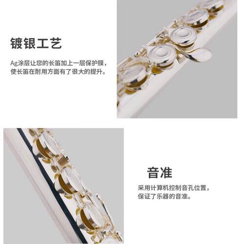津宝16孔长笛乐器c调儿童笛子初学者成年教学考级专业表演镀银