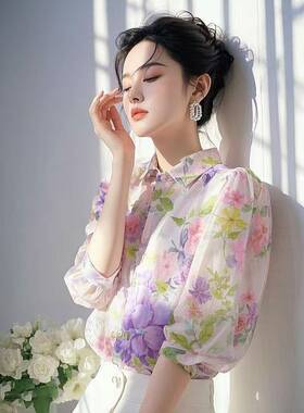 法式紫色碎花雪纺衬衫女2026年开春超好看独特漂亮百搭泡泡袖上衣