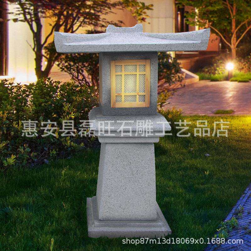 石雕柱头灯太阳能石灯笼现代风日式庭院广场大理石摆件草坪灯一对