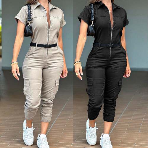 2025 New Women's Fashion Zipper Jumpsuit Short Sleeve Lapel