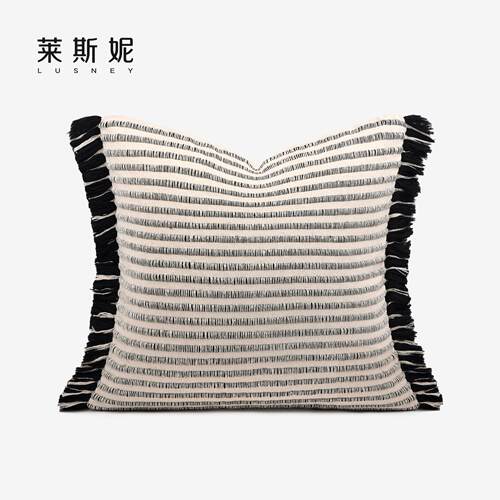 意式轻奢高级感沙发抱枕黑白棉麻流苏靠枕样板房间客厅床上靠垫套