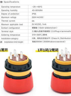 22mm急停按钮开关 红色蘑菇头 紧急停止开关 微型自锁1开1闭