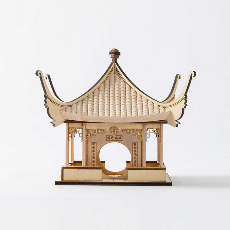 现代新中式木质建筑凉亭摆件模型工艺品禅意样板房玄关书柜装饰品