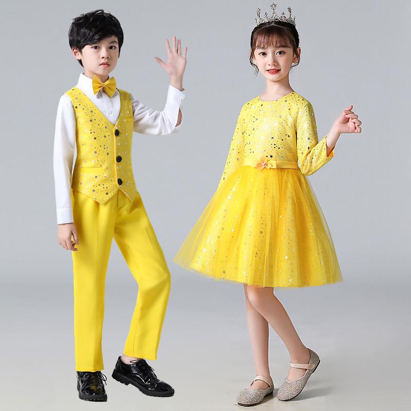 儿童合唱装诗歌朗诵表演服小学生口才话剧表演演讲礼服黄色蓬蓬裙