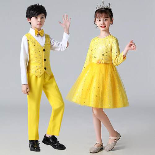 儿童合唱装诗歌朗诵表演服小学生口才话剧表演演讲礼服黄色蓬蓬裙