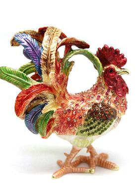 金属招财摆件金鸡祝福新年礼物合金珐瑯凤尾公鸡摆件首饰盒装饰