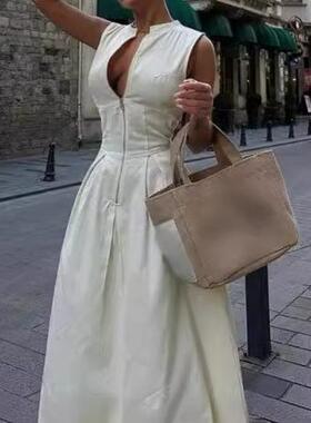 Women V Neck Dress 无袖V领收腰气质长裙休闲百搭连衣裙