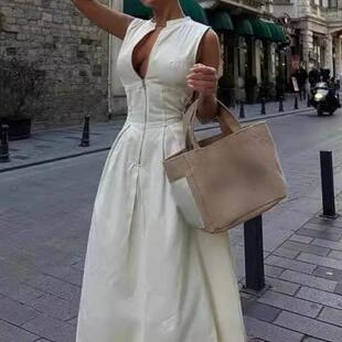 Dress Women Neck V领收腰气质长裙休闲百搭连衣裙 无袖