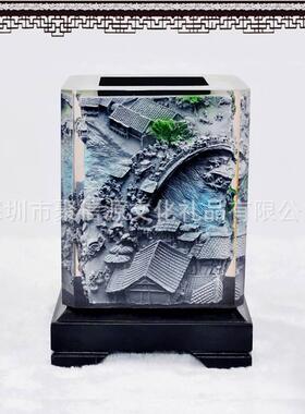 四方兵马俑笔筒复古中式水晶浮雕创意办公室摆件实用商务会议礼品
