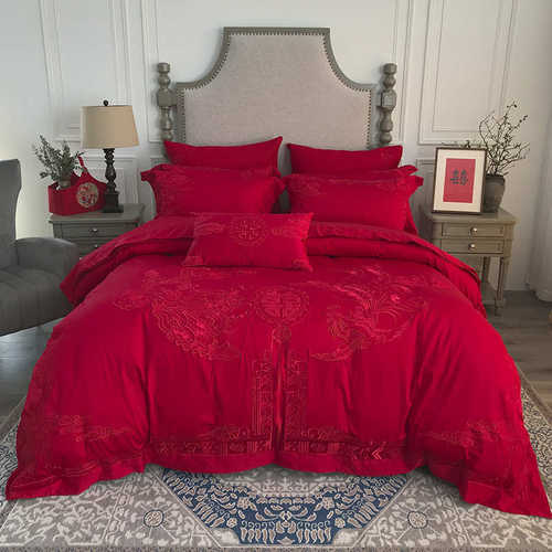 纺喜备四龙凤床上用品红色被喜婚长刺绣婚庆九盛世歌家件套狐结婚