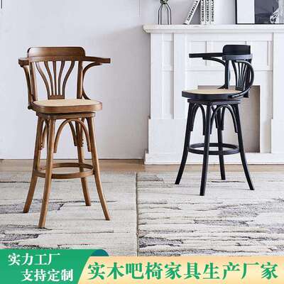 印尼真藤藤编实木酒吧椅高脚凳民宿餐厅清吧音乐餐吧旋转吧台椅子