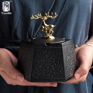 带盖防飞灰车载时尚 陶迷创意黑陶烟灰缸家用大号陶瓷个性 潮流烟缸