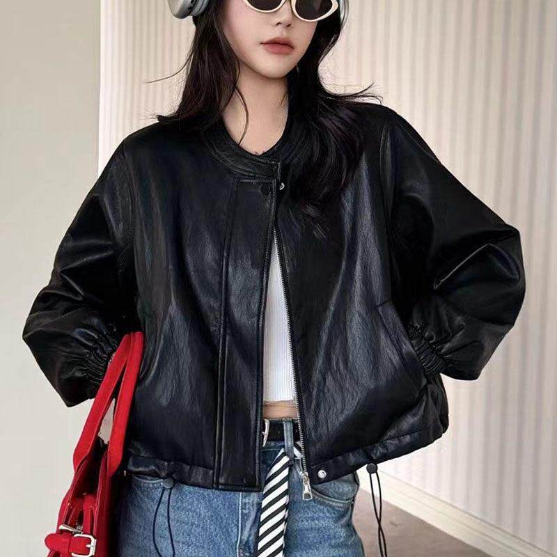 立领皮衣女春秋新款韩版时尚宽松夹克短外套洋气通勤百搭PU皮上衣