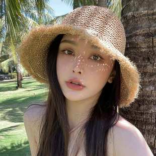 防曬遮陽草編漁夫帽可折疊沙灘帽 出游百搭大檐海邊度假帽子女韓版