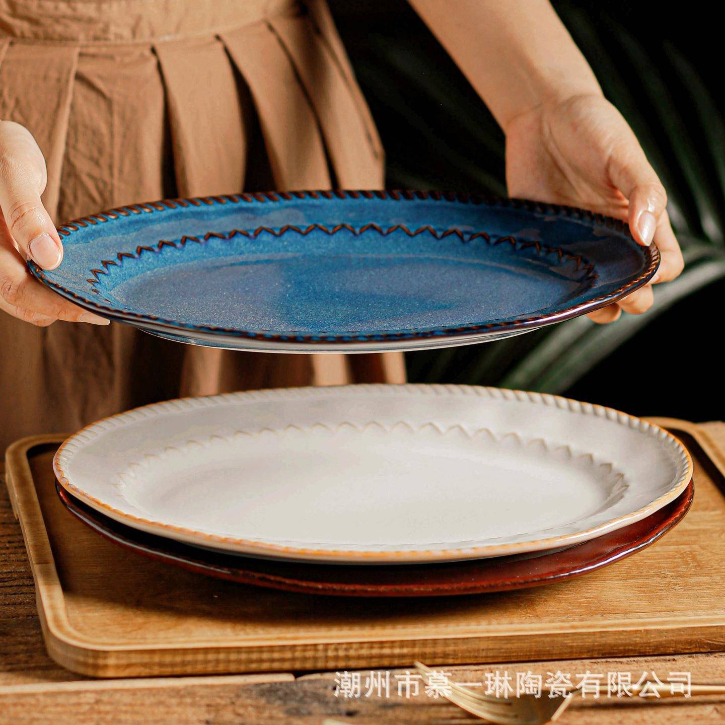 耐高温牛排盘西式餐盘釉下彩餐具菜盘商用装鱼盘长条盘子陶瓷蒸盘