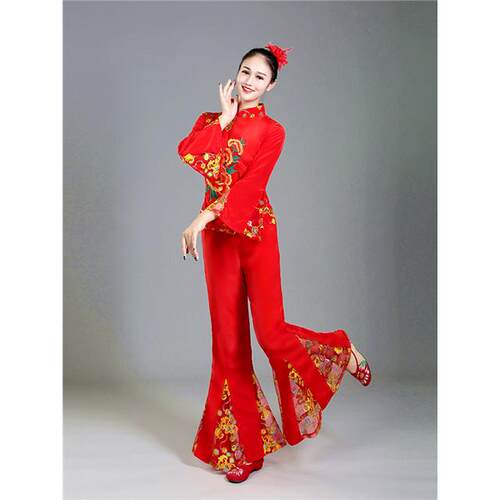高档209新款喜庆秧歌腰服女中老1年蹈演出服加大扇子舞舞鼓服装广