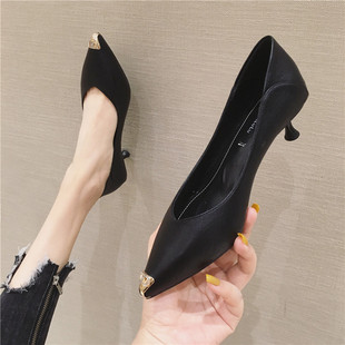 小跟高跟鞋女软皮工作职业单鞋低跟学生尖头礼仪细跟皮鞋女鞋3cm