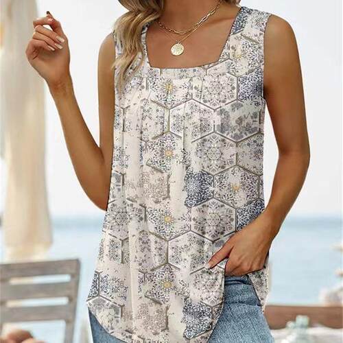 Women Summer Tank Tops Square Neck Print Pleated Tunic
