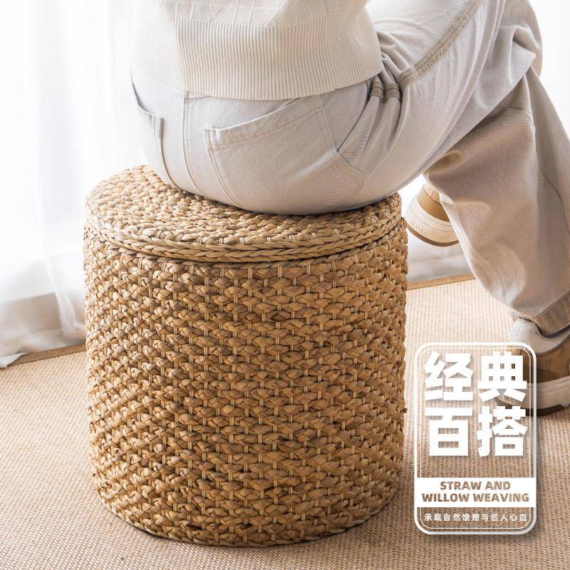 手工编织藤草编换鞋凳家用客厅圆凳实木储物凳可定制矮凳收纳凳子