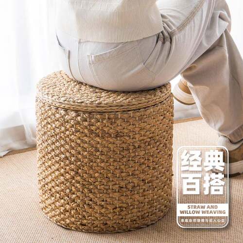 手工编织藤草编换鞋凳家用客厅圆凳实木储物凳可定制矮凳收纳凳子