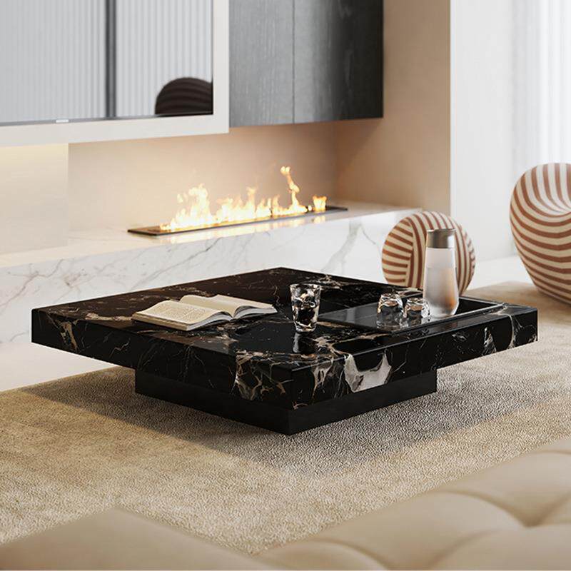 天然大理石黑玫瑰奢石茶几客厅咖啡桌2025新款现代简约家用正方形