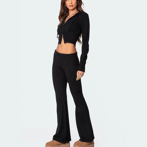 Soft Ribbed Zip Up Cropped Casual Sweater And Flare Legging