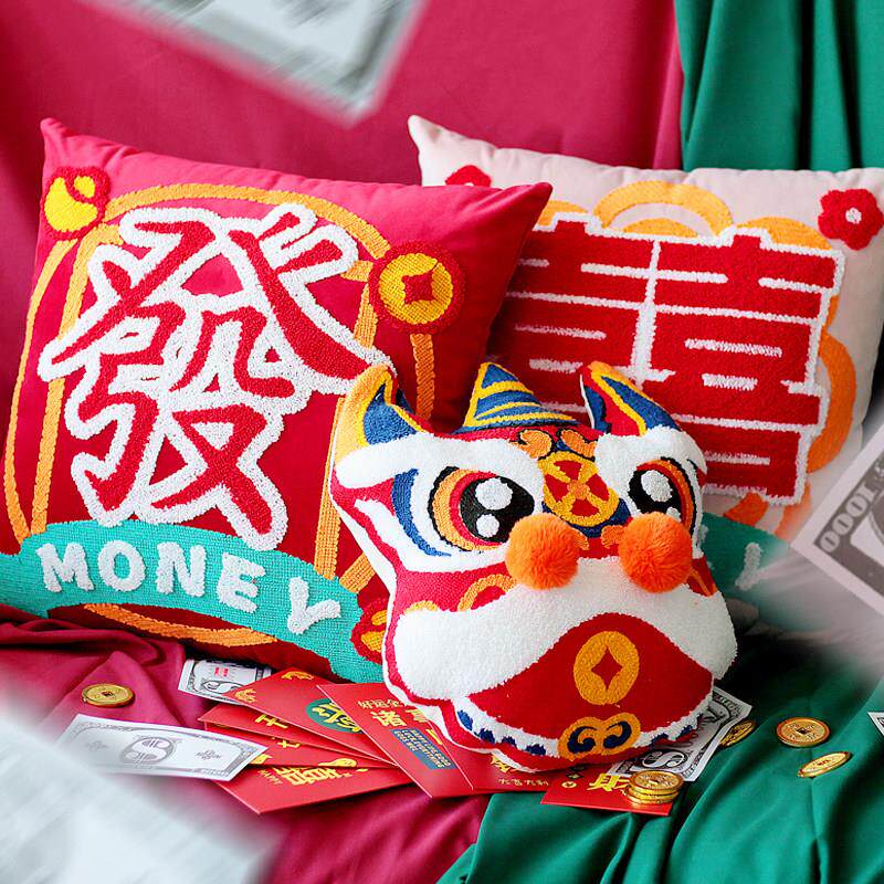 由理新中式枕头国风3D喜庆狮子醒沙发礼品开启婚礼床头靠垫