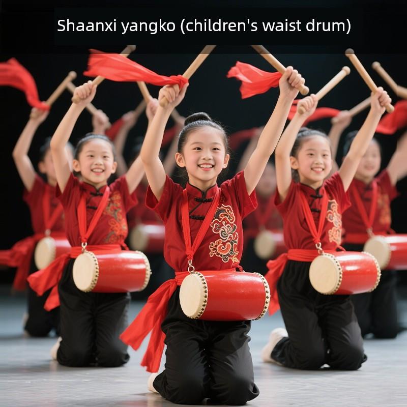 儿童腰鼓盛世欢腾鼓棒红绸带陕北秧歌安塞牛皮全实木腰鼓舞蹈道具