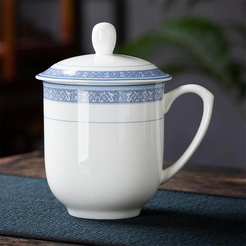 景德镇骨瓷茶杯陶瓷办公杯带盖子家用青花瓷喝水杯子泡茶会议杯定