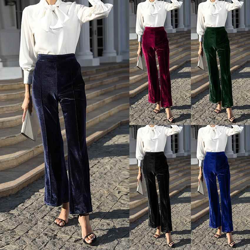 Womens Collage Gold Velvet Bootcut Pants High Waist Casual