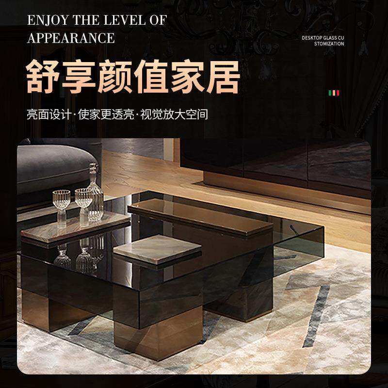 古方长形小茶几玻璃简约现628代家用复客阳台厅茶桌茶台钢化玻璃