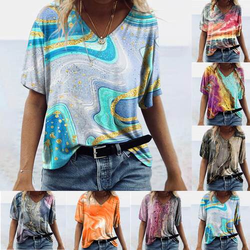 Women's collar, short sleeved printed T-shirt, marble