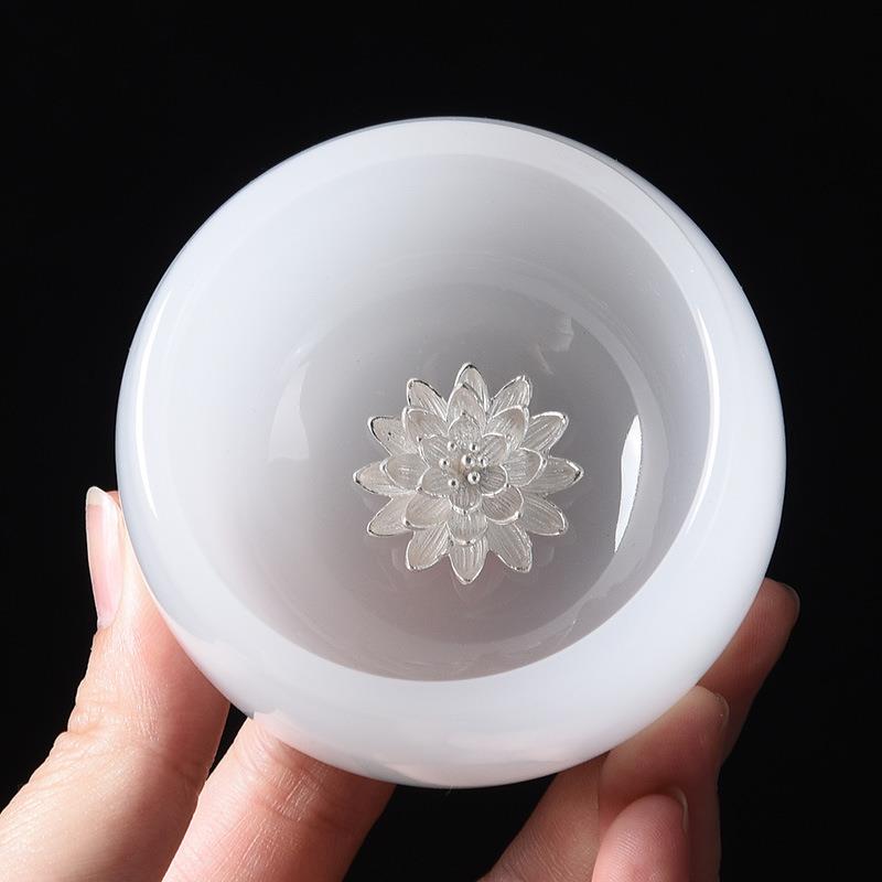 琉璃镶银茶杯大号品茗杯琉璃玉主人杯单杯银杯茶碗