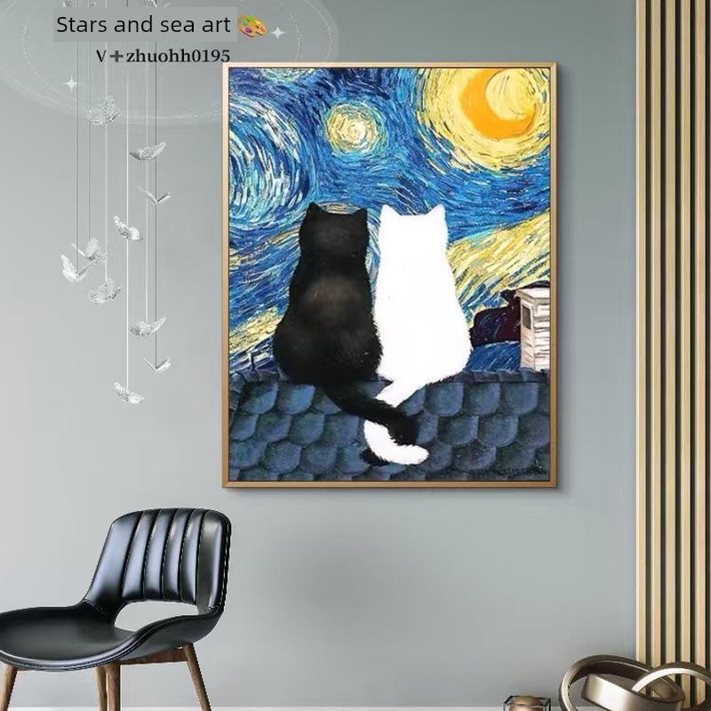 明星定制梵高星空猫油画客厅入口无障碍豪华装饰画瓦比萨比风格背