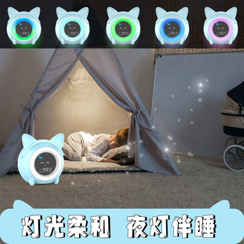 批发创意卡通猫儿童睡眠学生卧室床头电子台钟带led灯唤醒闹钟厂