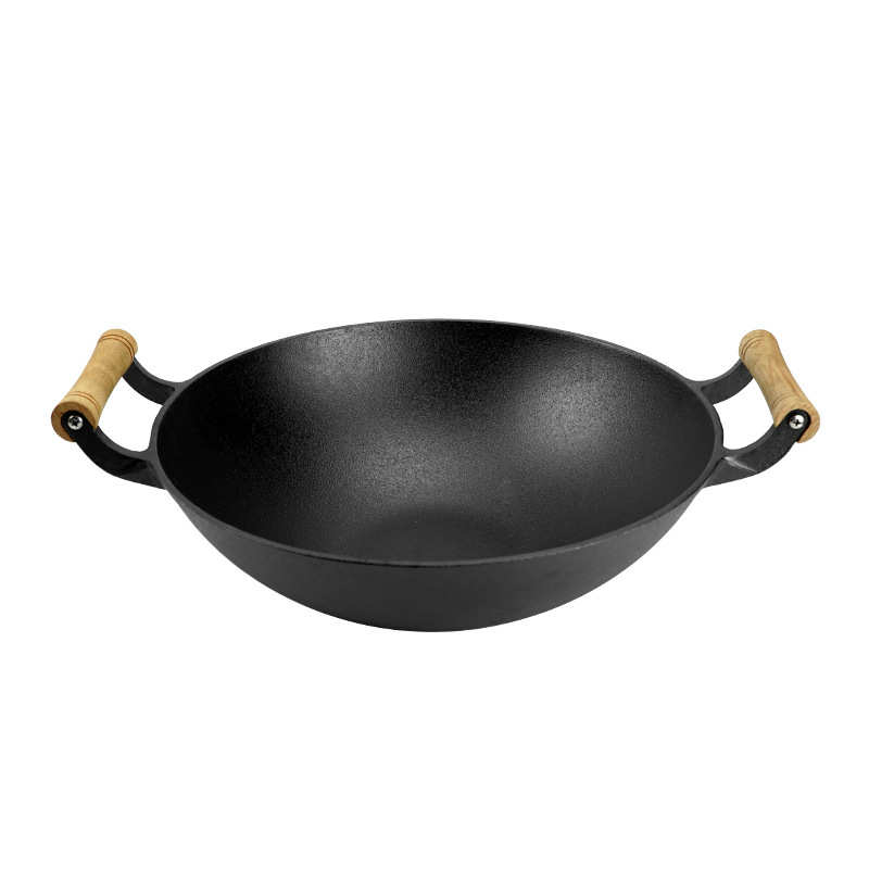 木柄加厚双耳铸铁锅老式圆底大铁锅家用生铁锅无涂层不粘锅燃气用