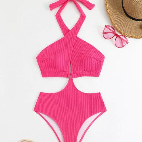 One piece swimsuit for women, hanging neck and exposed