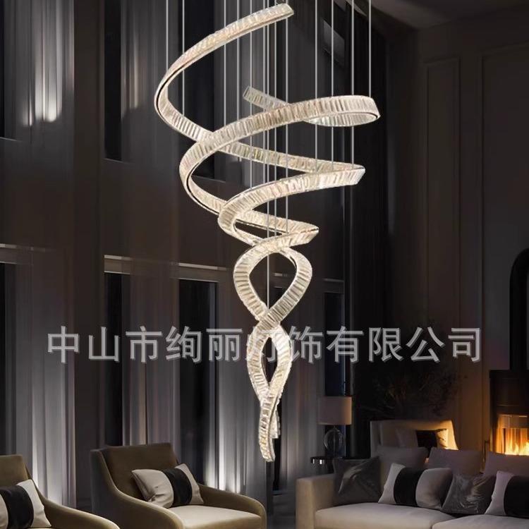 复式楼梯水晶客厅吊灯简约餐厅灯美人鱼飘带大气现代轻奢跃层灯具