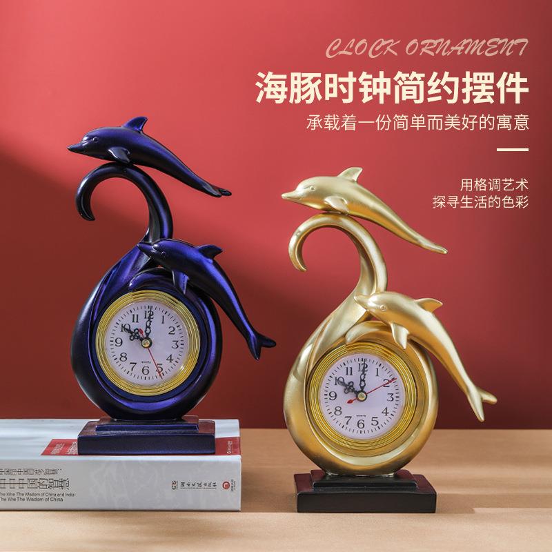 轻奢海豚时钟树脂工艺品家居酒柜客书房办公桌立体现代摆件迷你